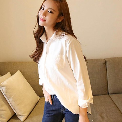 2021 Women'S Spring White Long Sleeve Korean Loose Leisure Pure Color Shirt