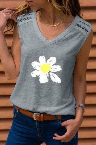 Beautiful Women T-Shirts V-Neck Sleeveless Outwear Daisy Printed T-shirt Vest Graphic Tops Soft Tees Ladies Clothes Outfits Set