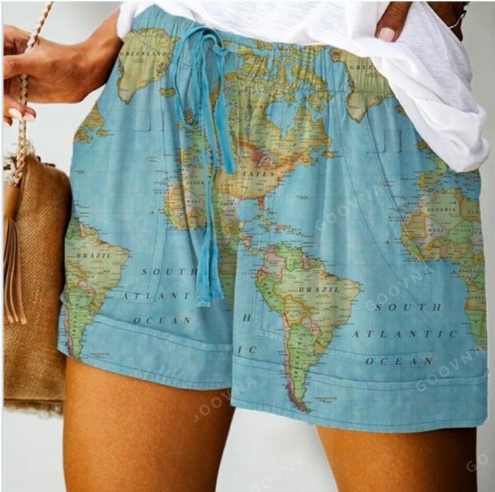 New Casual Summer Map Printing Wide-Leg Shorts
