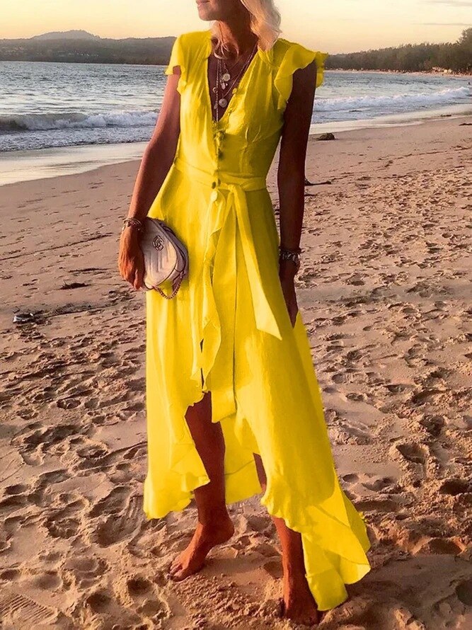 Women Elegant Solid Color Ruffle Beach Dress 2021 Summer Sexy Sleeveless Dress Lady Casual Chiffon Dress Vestidos