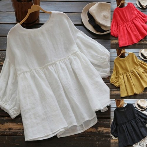 Women Casual O-Neck Loose Blouse Lantern Sleeve Top Summer Solid Tops Blouses