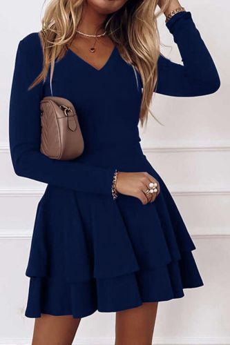 New Arrival!!! Mini Dress Solid Color Long Sleeve Women Double Ruffle A Line Dress for Party