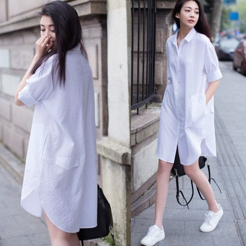 Summer Pregnant Clothes Plus Size Shirts Maternity Dress Pregnancy Clothing Long Casual Blouse Solid Color Loose White Shirt
