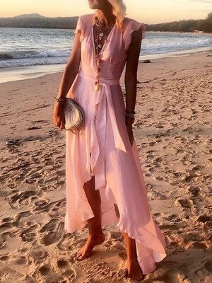Women Elegant Solid Color Ruffle Beach Dress 2021 Summer Sexy Sleeveless Dress Lady Casual Chiffon Dress Vestidos