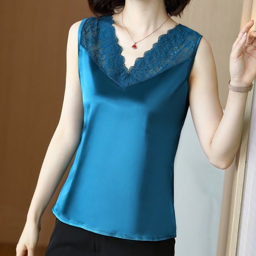 Korean Fashion Silk Tank Top Women Satin Office Lady Tank Top Lace Solid Plus Size XXXL/5XL Clothing for Women