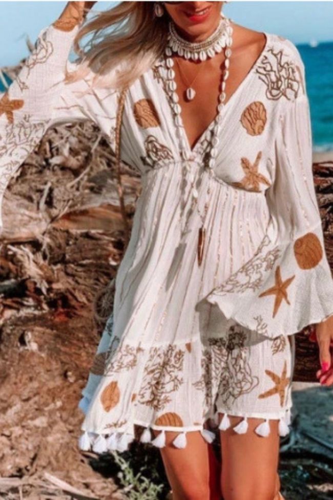 Women Starfish Flower Print Long Sleeve V-Neck Beach Bohemian Dress Tassel Mini Boho Dress