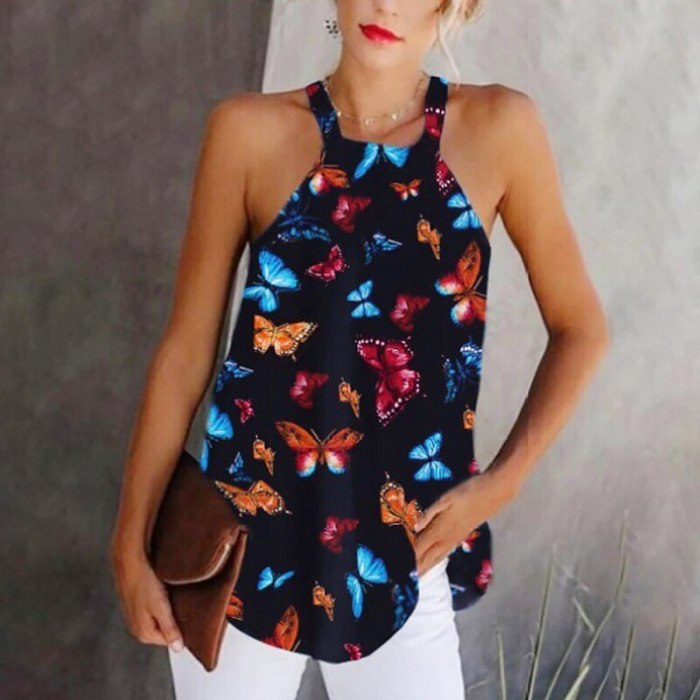 Women's Chiffon Butterfly Tops Sleeveless Ladies Tops Tee Shirts Summer Casual Print Halter Female Shirts Casual Women Tops