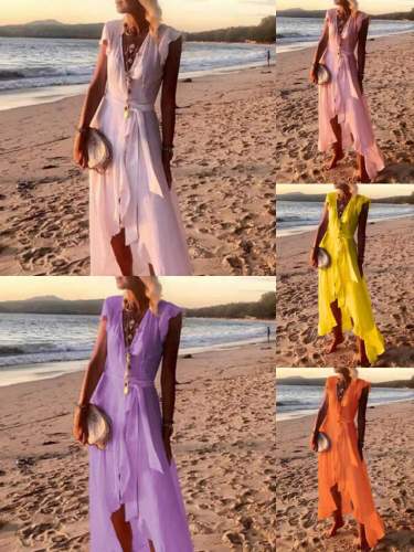 Women Elegant Solid Color Ruffle Beach Dress