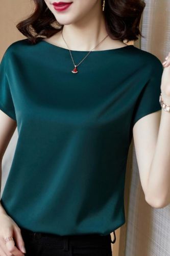 Office Lady Tops Summer Short Sleeve Blouses Satin Blouse Women Shirts Fashion Simple Solid Plus Size Loose Shirt Blusas 13377