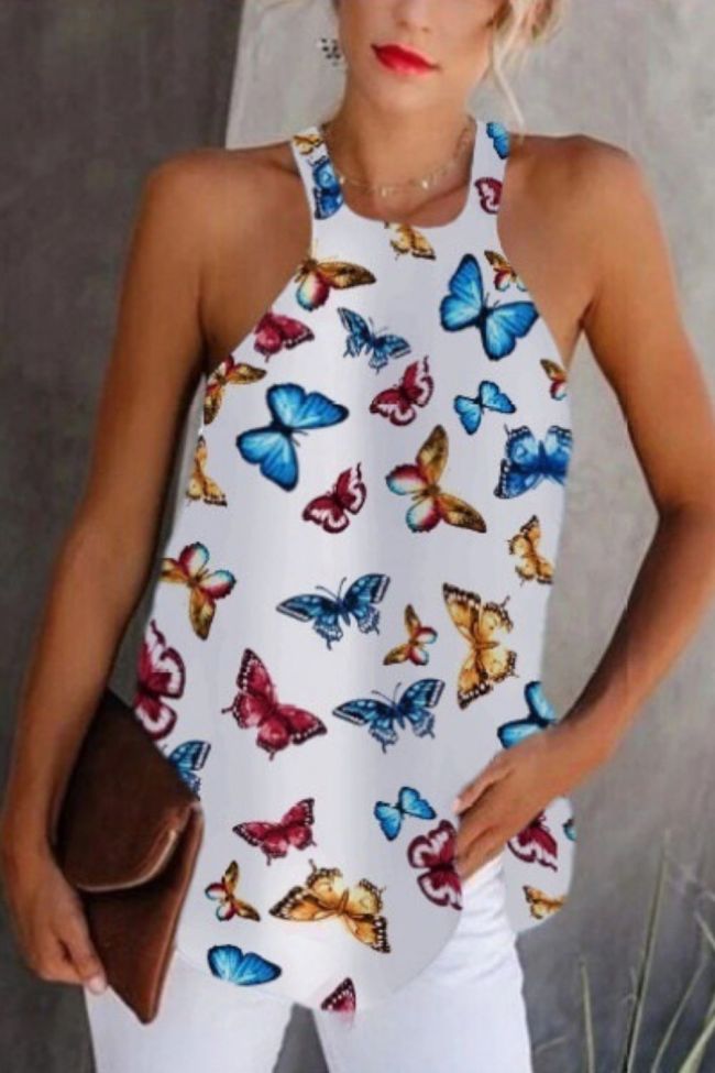 Women's Chiffon Butterfly Tops Sleeveless Ladies Tops Tee Shirts Summer Casual Print Halter Female Shirts Casual Women Tops