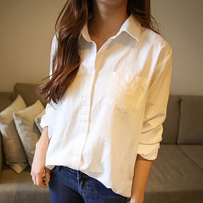 2021 Women'S Spring White Long Sleeve Korean Loose Leisure Pure Color Shirt