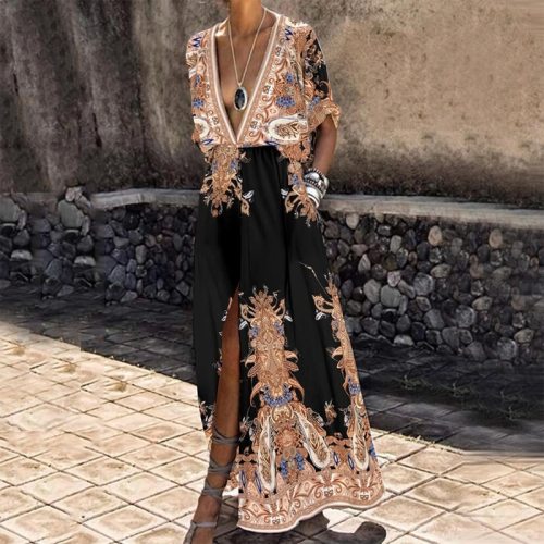 Fashion Elegant Short Sleeve Split Party Dresses Women Vintage Deep V Neck Boho Maxi Dress Casual Print Long Beach Dress Female
