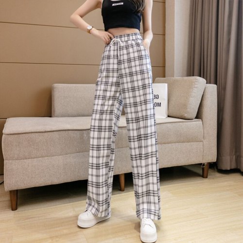 Net red black and white plaid pants children's summer thin 2021 new loose straight small vertical wide leg pants