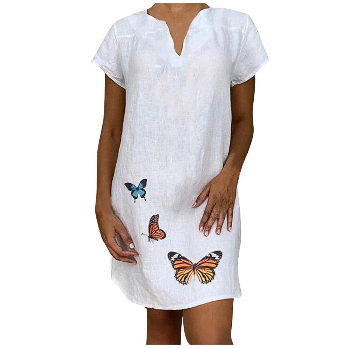 40# Women Summer Dresses Casual Plus Size Loose V-neck Butterfly Print Short Sleeve Peplum Dress Beach Party Dresses