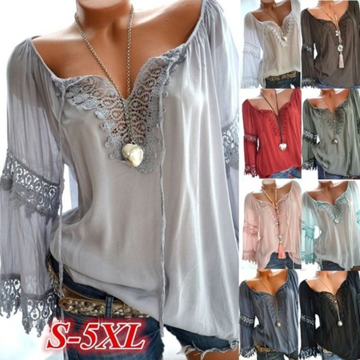 Large Size Loose Women Blouses 2021 Summer Blouses Lace Top Fashion Casual V-Neck Long Sleeve Women Shirts