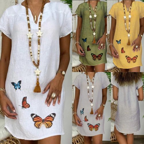 40# Women Summer Dresses Casual Plus Size Loose V-neck Butterfly Print Short Sleeve Peplum Dress Beach Party Dresses