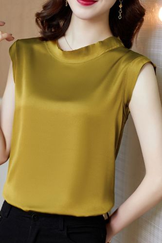 Solid Color Round Neck Satin Tank for Women Office Elegant Basic Top Summer Sleeveless Korean Plus Size Lady Slim Tee Vests