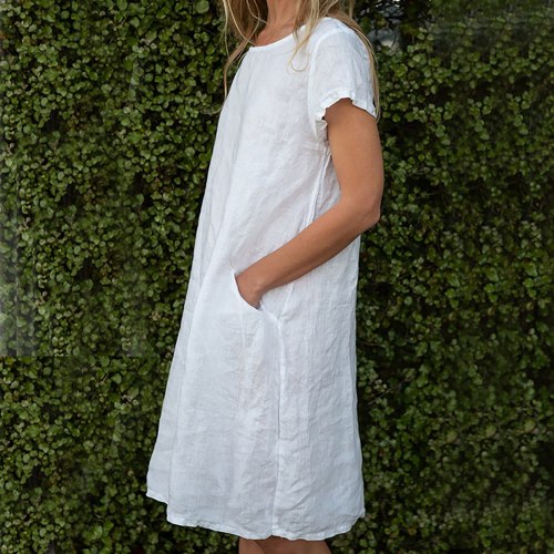 Summer Women's Casual Short Sleeve Round Neck Pocket Dreess Ladies Plus Size Cotton And Linen Dress платье женское летнее 2021