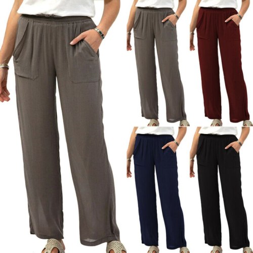 Women Ladies Elasticated Waist Loose Fit Cotton Linen Long Pants Baggy Trousers