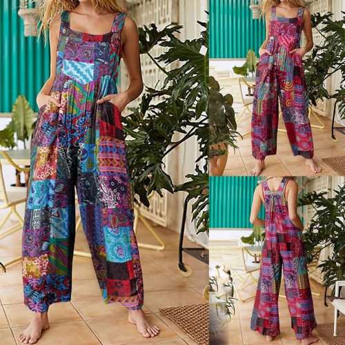 40# Tie dye Printed Jumpsuit Women Patchwork Ethnic Style Vintage Buttons Plus Size Suspender Jumpsuits Combinaison Femme