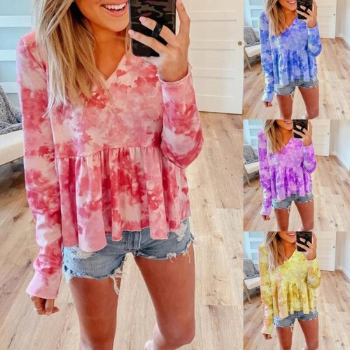 2021 New Autumn Winter Women Fashion Tie Dye Printed Gradient Color Tees Sexy V-neck Casual Long Sleeve Female T-shirt Tops