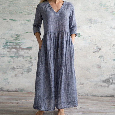 2021 New Solid Color Cotton And Linen Simple V-Neck Women'S Dress