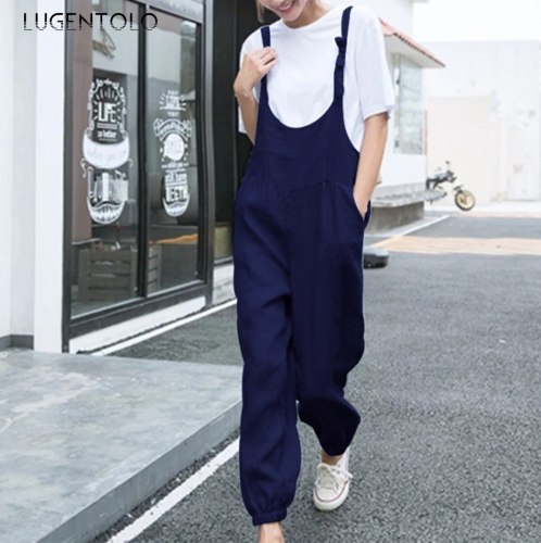 Women Large Size Casual Solid Loose Linen Jumpsuits