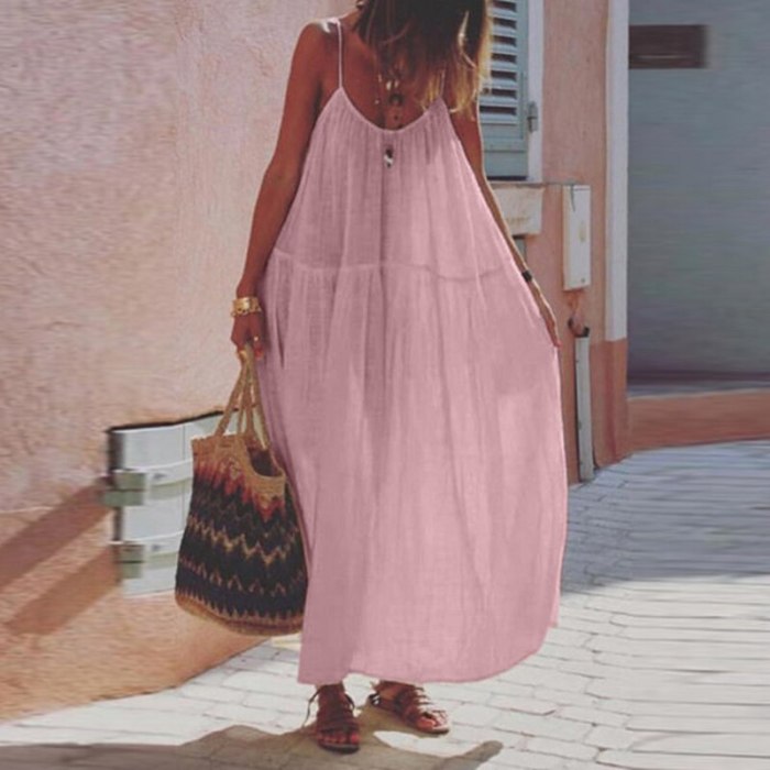 Sleevelee Strap Dress Women Casual Bohemian Style Loose Oversize Lady Dress Fashion Summer Beach O-Neck Backless Party Dresses