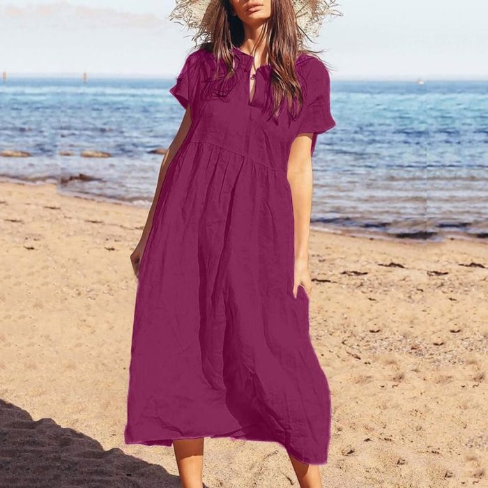 Fashion Women's Summer Casual Solid Color Short Sleeve Turn-Down Collar Beach Dress 2021 Summer Holidy Beach Long CasualDresses