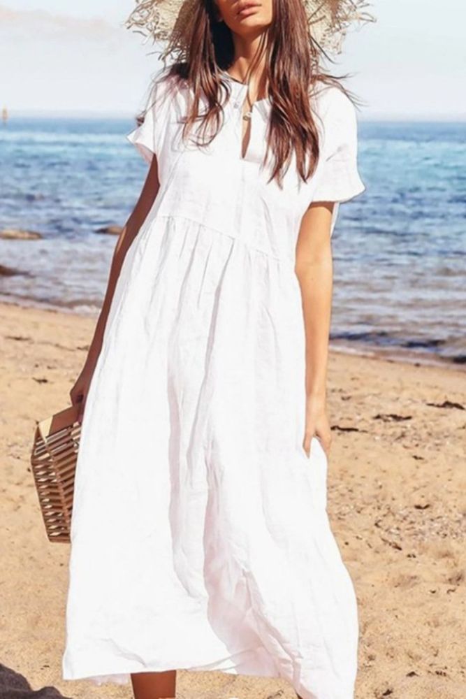 Fashion Women's Summer Casual Solid Color Short Sleeve Turn-Down Collar Beach Dress 2021 Summer Holidy Beach Long CasualDresses