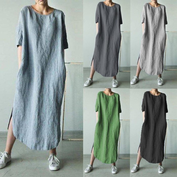 Fashion Women Solid Color Cotton And Linen Long Sleeve O-neck Fold Casual Dress #snr
