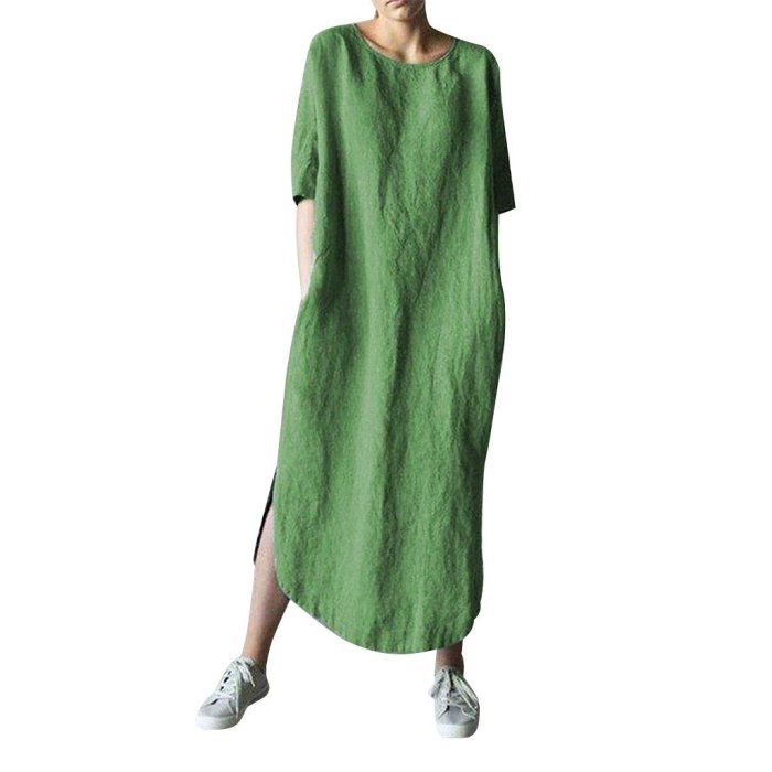Fashion Women Solid Color Cotton And Linen Long Sleeve O-neck Fold Casual Dress #snr