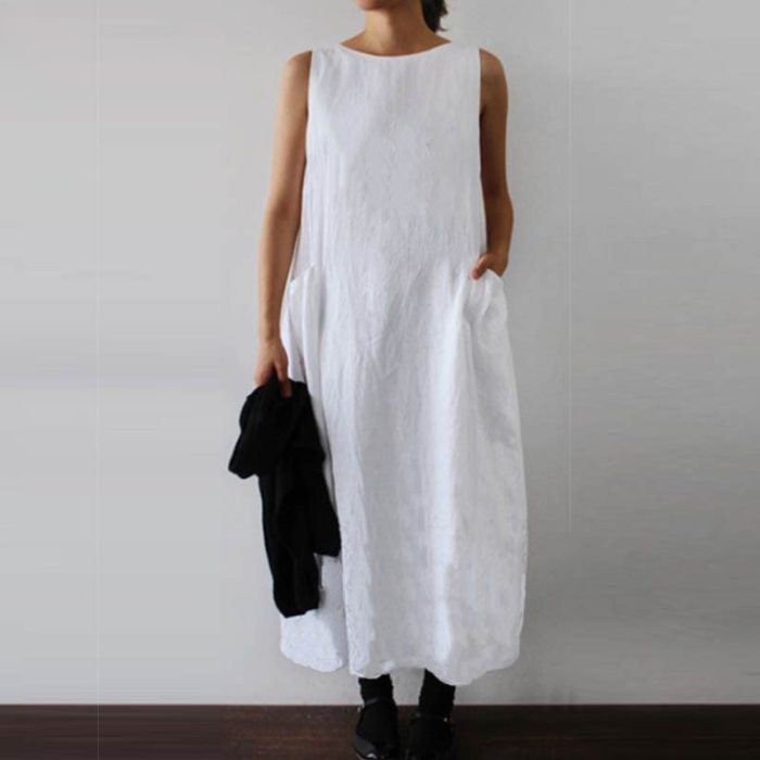Cotton Linen Casual Women Hot Sale Style Round Neck Sleeveless Double Patch Pocket Long Dress