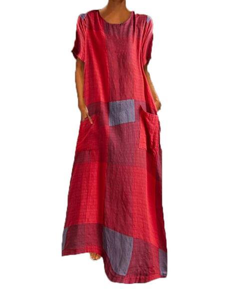 New 2021 Summer Women Long dress Plaid Patchwork Short Sleeve Cotton And Linen Dresses Red Green