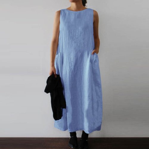 Cotton Linen Casual Women Hot Sale Style Round Neck Sleeveless Double Patch Pocket Long Dress