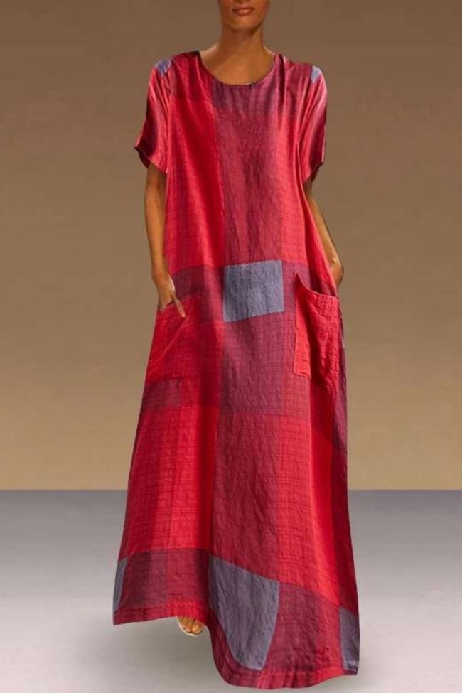 New 2021 Summer Women Long dress Plaid Patchwork Short Sleeve Cotton And Linen Dresses Red Green