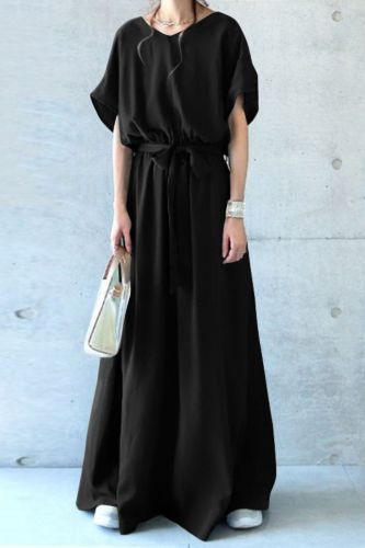 Women Elegant Long Shirt Dress Summer Short Sleeve Solid Maxi Vestido Fashion Belted Loose Work Casual Sundress Plus Size
