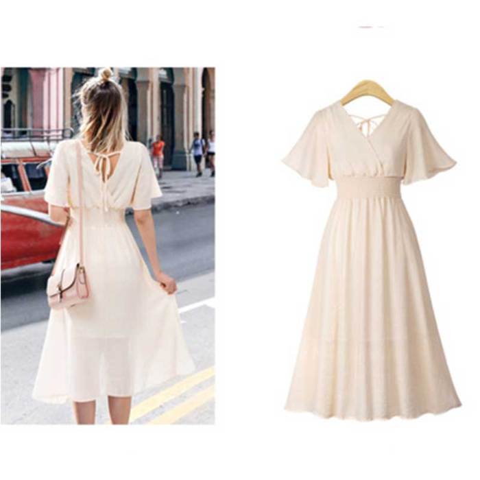 2021 V Neck Chiffon pink Dress Summer Women Medium Long Slim Retro Dress Lotus Leaf Beach Dress black white dress