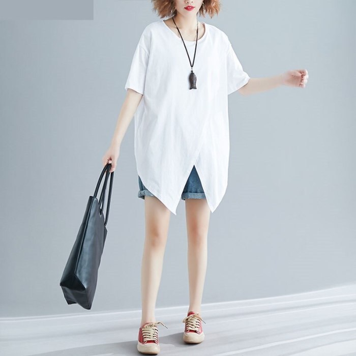 Women Summer Oversize Cotton O-Neck Irregular T-shirts