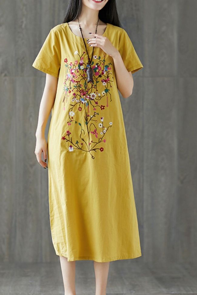 Summer Loose Dress Woman Casual Vestido Embroidered Short Sleeve Retro Woman Dress