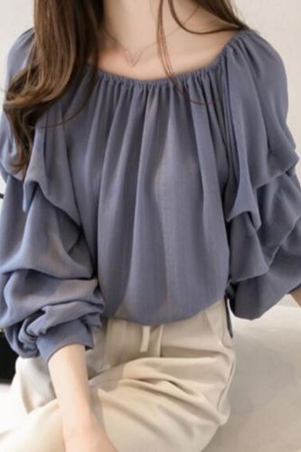 New Women Tops And Blouse 2021 Fashion Chiffon Blouse Long Sleeve Solid Color Female Tops Shirt Plus Size Women Blouse