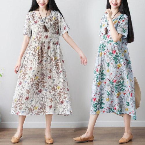 Women's Dress Summer Retro Art Print Short-sleeved Cotton Linen Dresses Female Loose Large Size Floral Fashion O-neck Dress Z276