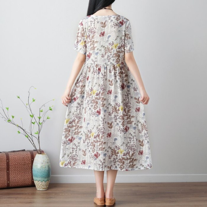Women's Dress Summer Retro Art Print Short-sleeved Cotton Linen Dresses Female Loose Large Size Floral Fashion O-neck Dress Z276