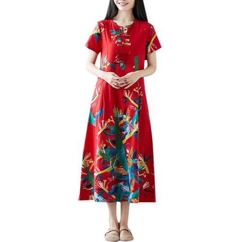 Casual Maxi Dress Women's Sundress 2019 Print Linen Dress Female Short Sleeve Summer Long Vestidos dress W711
