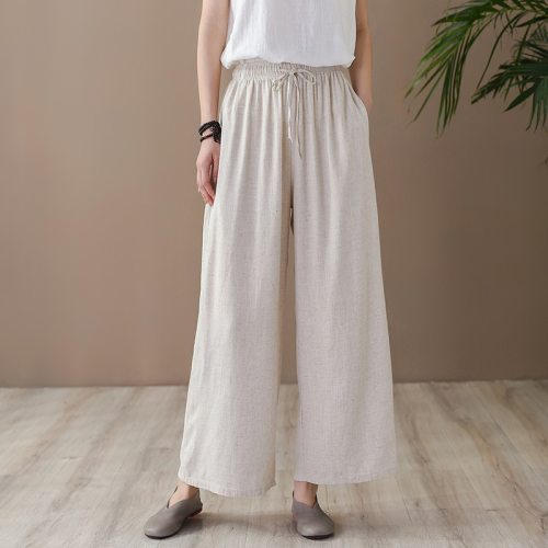 2021 Summer New Loose Plus Size Solid Color Pockets Elastic Waist Wide Leg Pants Women Cotton Linen Ankle-length Pants