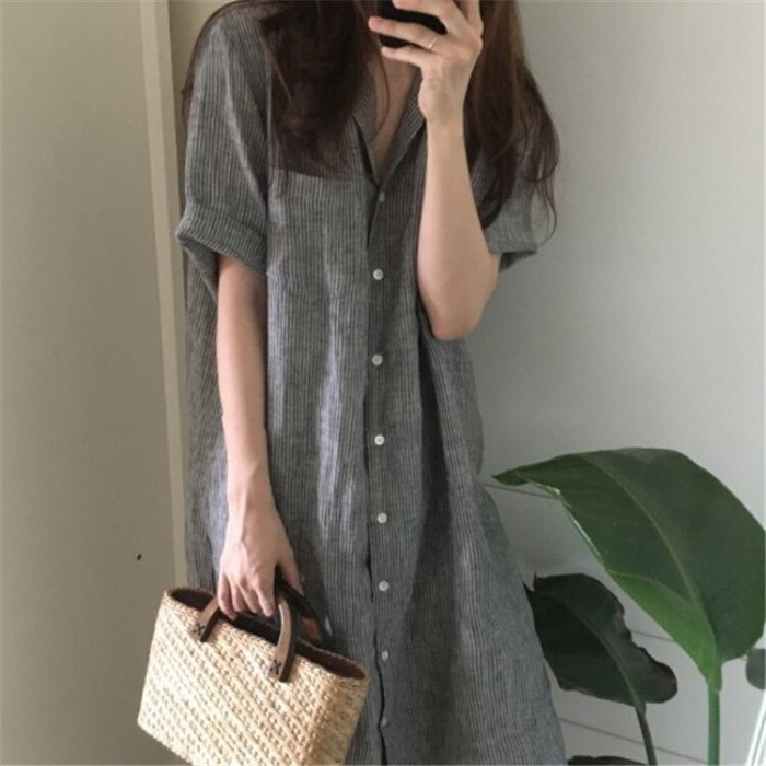 Dress Women Spring Summer New Style Cotton Striped Short Sleeve Slimming Female Clothes Loose Casual Women Dress Robe