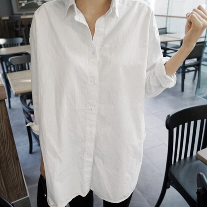 2021 Autumn Spring Women's Long Blouse Plus Size Solid White Shirts Turn Down Collar Long Sleeve Office Ladies Casual Ladies Top