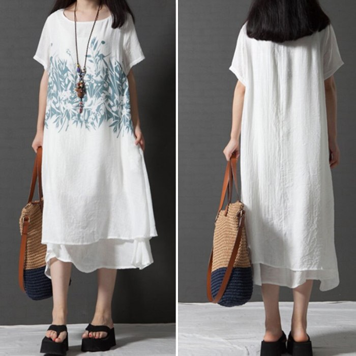 New Women Casual Loose Dresses Summer Style O-neck Short Sleeve Pockets Double Deck Print Mid-Calf Dress Size M-2X 6Q1556