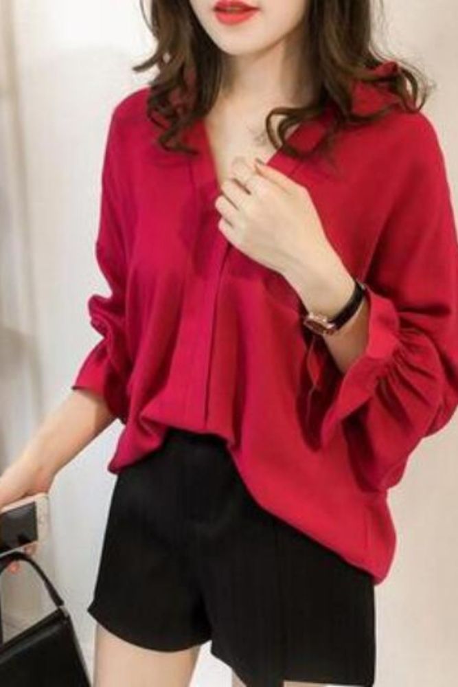 2021 Summer Women Chiffon Blouse Long Sleeve Red Ladies Office Shirts Work Shirt Casul Female Clothing Plus Size Tops NewIn