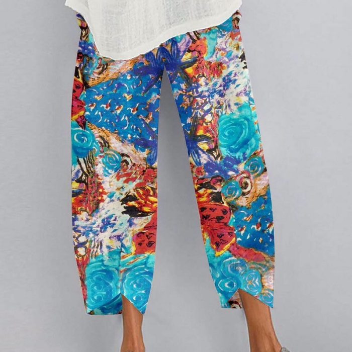Summer Fashion Loose Plus Size Elastic Waist Cropped Pants